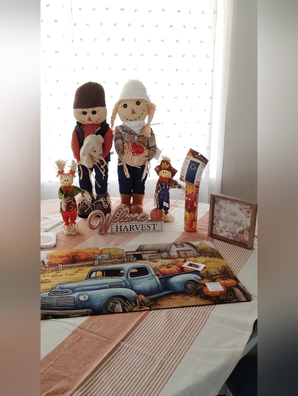 Fall Harvest Table Decor Lot - Scarecrow Dolls, Welcome Sign & Pumpkin Truck Mat